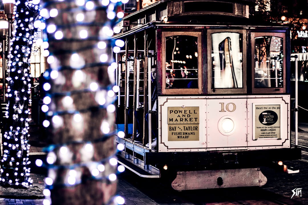 Cable car at night with lights